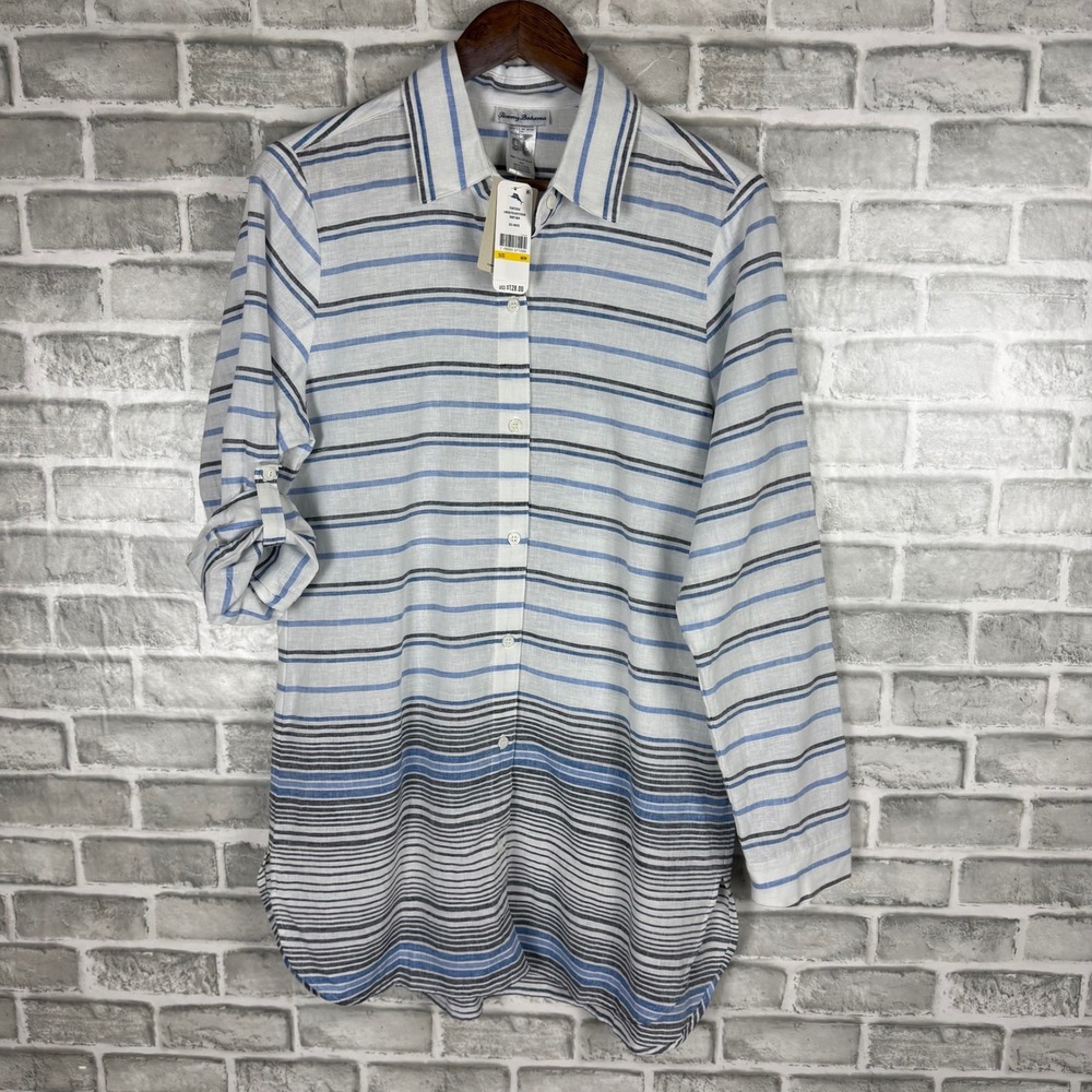 Tommy Bahama Womens Linen Cotton Boyfriend Shirt Beach Hem Striped Tunic MEDIUM